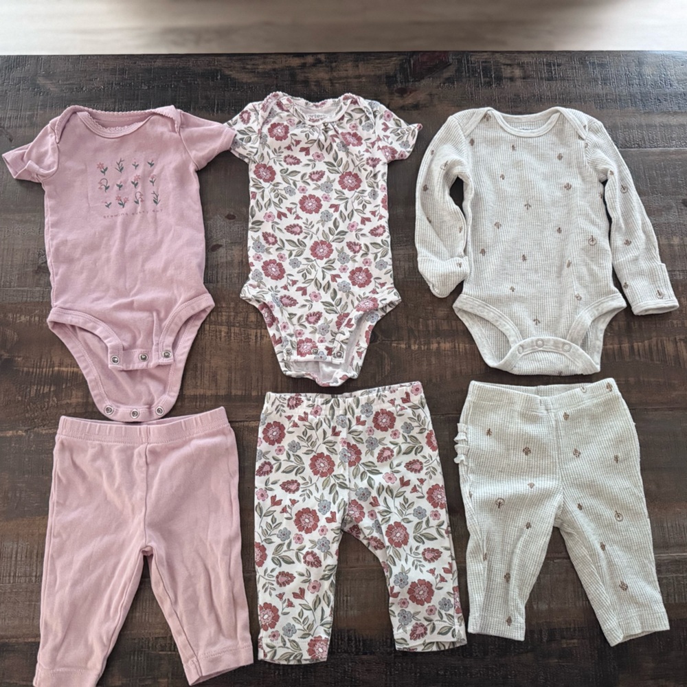 Floral and Solid Baby Onesies and Pants Set